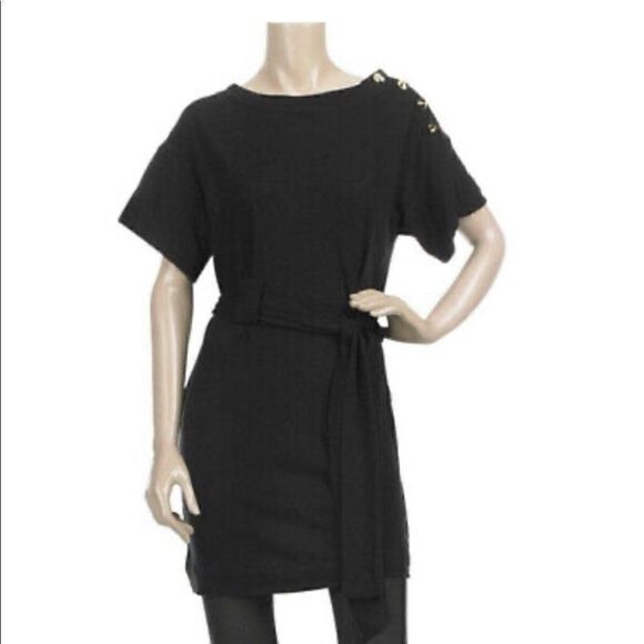 3.1 Phillip Lim Women’s Black T-Shirt Dress Gold Studded Waist Tie - Picture 2 of 10